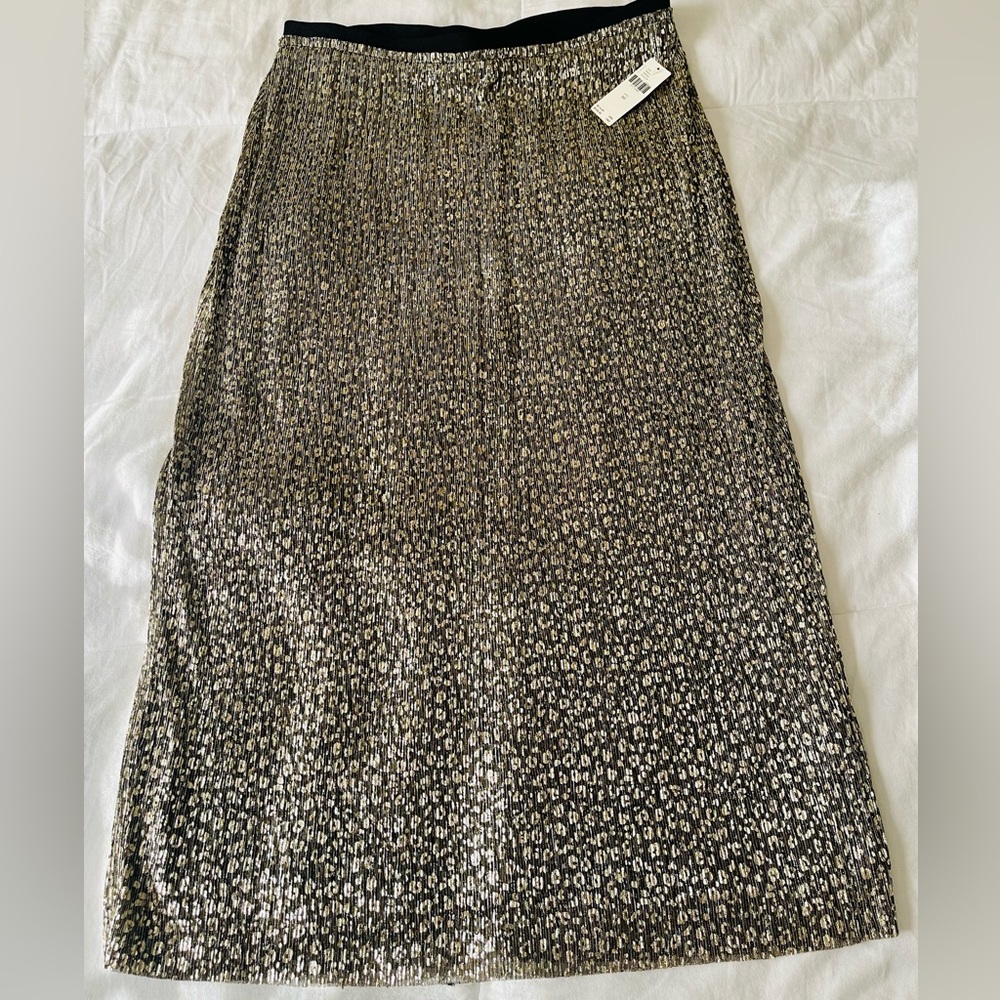 ANTHROPOLOGIE x MAEVE Pleated Black&Gold Floral Metallic Pull On Maxi Skirt NWT